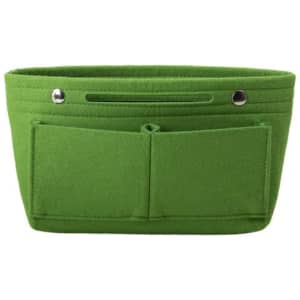 A green felt purse organiser with multiple pockets and compartments for storage. It features snap closures and one logo.