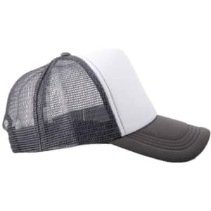 A foam mesh trucker cap featuring a grey bill and white front panel, with a grey mesh back and a logo.