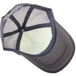 A grey foam mesh trucker cap with a structured front and breathable mesh back. It features a logo on the front.