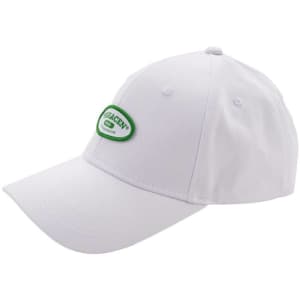 A white adjustable six-panel baseball cap featuring a logo on the front.