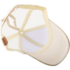 A glitter ponytail mesh cap in beige with a mesh back and a rounded brim, featuring a logo.