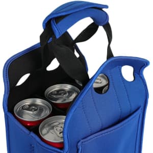 A blue neoprene holder containing four cans, featuring handles for easy carrying and a soft interior.