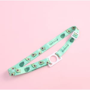 A drink bottle lanyard featuring a playful avocado design, primarily in green with a white attachment.