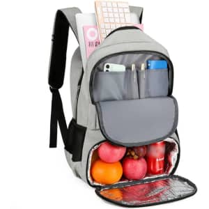 A grey insulated travel backpack with multiple compartments, filled with fruits and a drink bottle at the bottom.