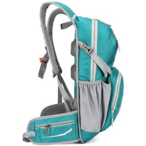 An ergonomic cycling backpack in teal and grey, featuring multiple compartments and an adjustable harness.