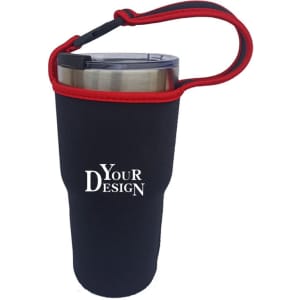A drink bottle sleeve in black with red accents and a handle, designed for a 30 oz bottle, featuring a logo.