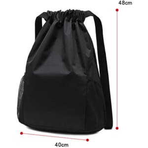 A black drawstring backpack with a mesh water pocket, measuring 48cm in height and 40cm in width.