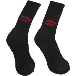 Custom black polyester crew socks featuring a logo on the side. Suitable for personalised design options.
