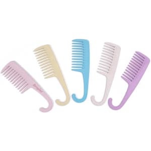 Five wide tooth combs in pastel colours including pink, yellow, blue, white, and purple, featuring curved hook handles.