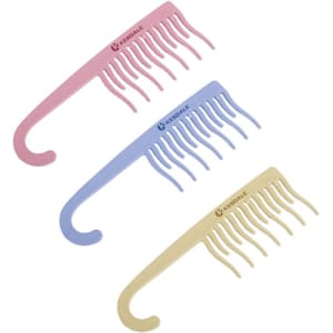 Three wide-tooth shower combs in pink, blue, and yellow, featuring a logo on each.