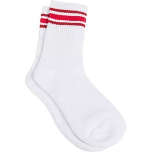 White crew socks featuring red stripes at the top, with a logo on one sock.