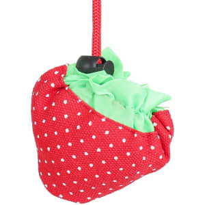 A foldable shopping bag in the shape of a red strawberry with white polka dots and a green interior, featuring a drawstring.