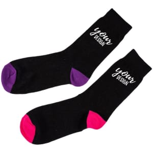 Custom crew socks in black with purple and pink accents, featuring space for personalised design.