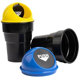 A set of three mini car trash cans in black, blue, and yellow, each featuring a push-top design and a logo.