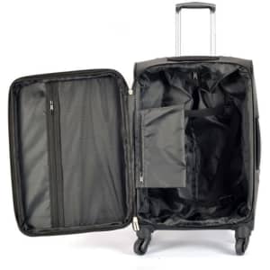 A black Oxford cloth travel trolley suitcase with an open interior featuring compartments and zippers.