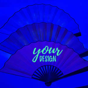 A glow disco folding hand fan with vibrant purple sections and a black handle, featuring a design element.