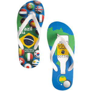 A pair of thongs in green and blue featuring various national flags and a bottle opener design. Includes a logo.