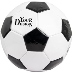 A black and white PU soccer ball with a logo and pentagon pattern, designed for children.