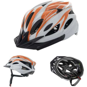 An adjustable cycling helmet in white and orange with ventilation holes and a logo on the side.