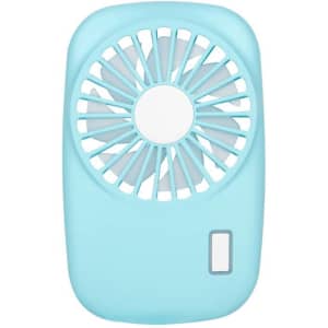 A mini handheld fan in a light blue colour with a circular design and a power button.