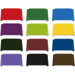 A collection of tablecloths in various colours including red, green, blue, purple, yellow, and black, featuring different shades and styles.