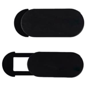 A black custom promotional webcam cover featuring a sliding design with an oval shape and a logo.