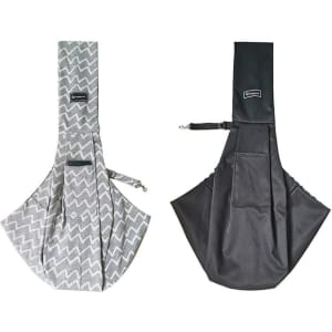 A pet sling carrier bag featuring a grey zigzag pattern and a solid black design, both with branding.