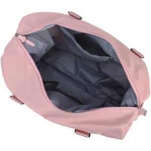 A large pink travel duffel bag, featuring an open zipper and a spacious grey interior. It has a logo on the exterior.