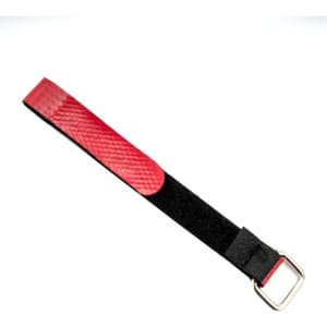 A red and black hook loop strap with a metal buckle, designed as a clothing accessory.