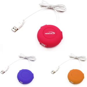 A collection of three custom USB webkey buttons in pink, purple, and orange, each with a white USB cable and a logo.