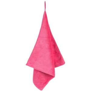 A pink microfiber carwash cleaning towel with a hanging loop. It has a soft texture suitable for cleaning.