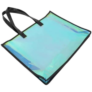 A holographic beach tote bag with black handles, featuring an iridescent surface in blue and green hues.