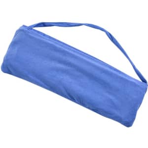 A blue microfiber beach chair cover with a carrying strap, featuring a simple design and a logo.