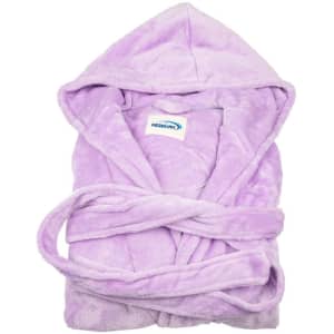 A lilac flannel hooded robe with a belt, featuring a hood and a soft texture. It has a logo on the inside.