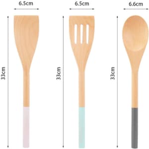 A wooden cooking utensil set featuring a spatula, slotted spoon, and mixing spoon in pastel colours.