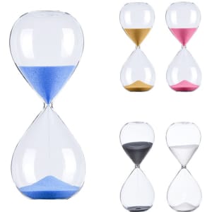 A set of five glass sand timers with blue, gold, pink, black, and white sand, featuring a transparent design.