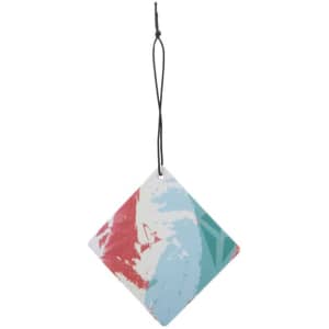 A hanging aromatherapy paper car freshener in a diamond shape with a colourful abstract design in pastel shades.