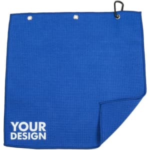 A blue waffle golf towel featuring a carabiner and a corner with a branding logo.