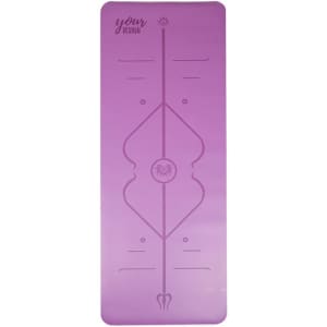 A purple custom PU yoga mat featuring a decorative design and a logo at the top.