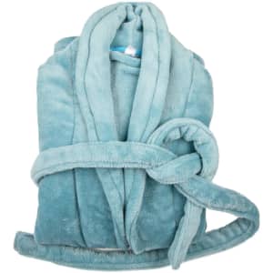 A lapel flannel bathrobe in a soft turquoise colour, folded neatly with a tied belt. It has a smooth, plush texture.