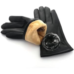 Black PU leather gloves with a tan interior, featuring a pom pom detail. Suitable for touchscreen use.