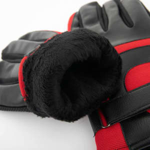 Waterproof ski gloves featuring a black and red design with a soft, fur-lined interior. Includes a logo.