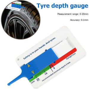 A tyre depth measuring ruler keychain in white and blue, featuring a gauge with safety indicators and a branding logo.
