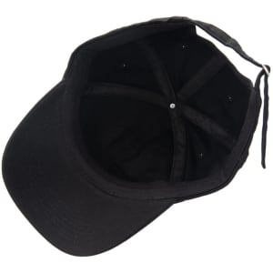A black cotton 6 panel baseball cap with an adjustable strap and interior lining features.