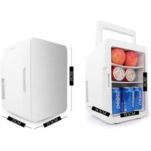 A white custom mini fridge with a handle, featuring drink cans and apples inside. Dimensions are provided alongside.