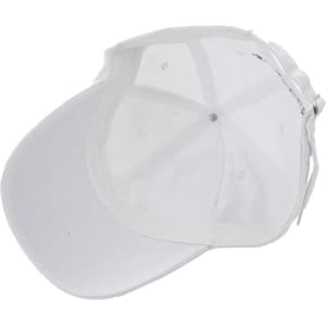A white 6 panel baseball cap with a curved visor and an adjustable strap at the back, featuring a logo.