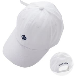 A white six-panel baseball cap featuring a logo. The cap has an adjustable strap at the back.