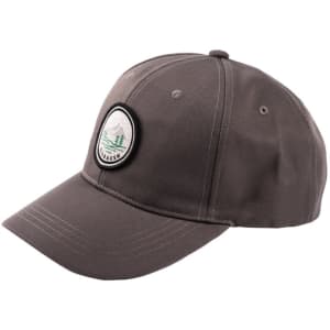 A grey customised baseball cap with a circular logo on the front. It features a curved brim and adjustable back.