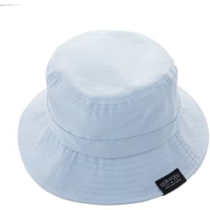A light blue unisex foldable cotton bucket hat with a logo. Part of the headwear category for brim and bucket hats.
