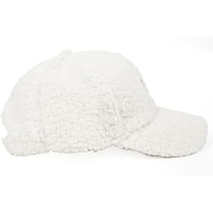 A white lamb wool baseball cap featuring a curved peak and a logo, showcasing a textured, soft exterior.